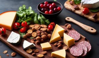 rofessional food photography close up of a Cheese and charcuterie board sitting on top of a table photo