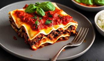 professional food photography close up of a Plate of lasagna on a dark gray background photo