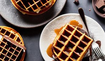 professional food photography close up of a Plate of Belgian waffles with chocolate sauce and ice cream on a dark gray background photo