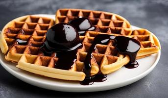 professional food photography close up of a Plate of Belgian waffles with chocolate sauce and ice cream on a dark gray background photo