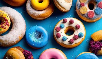 fotografía profesional de alimentos primer plano de varios donuts en movimiento decorados que caen sobre fondo azul foto