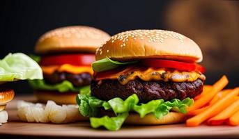 fotografía profesional de alimentos primer plano de una hamburguesa con lechuga y tomate sobre un fondo negro foto