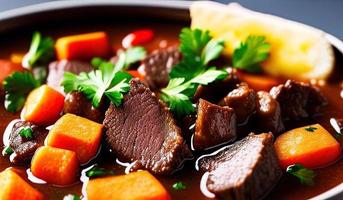 professional food photography close up of a a bowl of beef stew with bread on the side photo