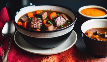 professional food photography close up of a a bowl of beef stew with bread on the side photo