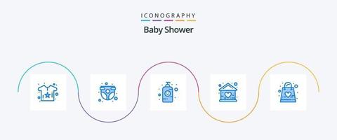 baby shower blue 5 icon pack que incluye la casa. muñeca. niño. edificio. botella de loción vector