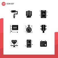 Universal Icon Symbols Group of 9 Modern Solid Glyphs of chemistry media and entertainment network law bar Editable Vector Design Elements