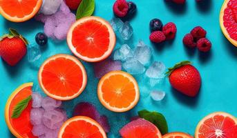 fotografía profesional de alimentos primer plano de cóctel de verano de frutas tropicales con pomelo rojo, bayas y hielo sobre fondo azul