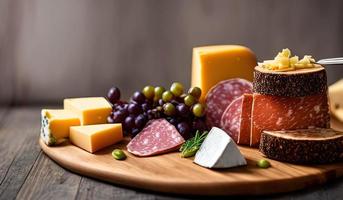 rofessional food photography close up of a Cheese and charcuterie board sitting on top of a table photo