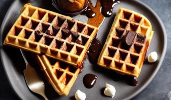 fotografía profesional de alimentos cerca de un plato de gofres belgas con salsa de chocolate y helado sobre un fondo gris oscuro foto