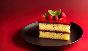 professional food photography of a piece of cake sitting on top of a red plate photo