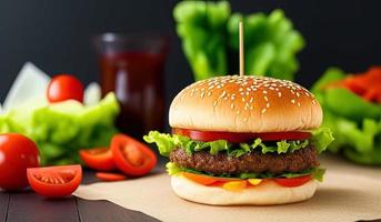 fotografía profesional de alimentos primer plano de una hamburguesa con lechuga y tomate sobre un fondo negro foto