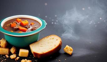 professional food photography close up of a a bowl of beef stew with bread on the side photo