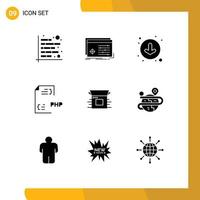 Mobile Interface Solid Glyph Set of 9 Pictograms of file development settings develop down Editable Vector Design Elements