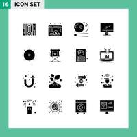 Group of 16 Solid Glyphs Signs and Symbols for gear pc pool imac monitor Editable Vector Design Elements