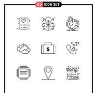 Pack of 9 Modern Outlines Signs and Symbols for Web Print Media such as money dollar worldwide bag cloudy Editable Vector Design Elements