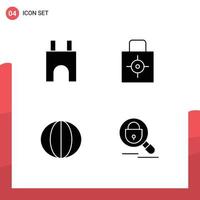 Mobile Interface Solid Glyph Set of 4 Pictograms of castle target fortress lock pad organic Editable Vector Design Elements