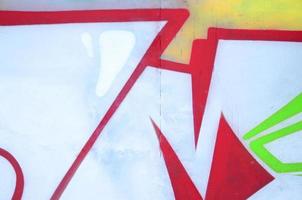 Close-up fragment of a graffiti drawing applied to the wall by aerosol paint. Background image of a modern composition of lines and colored areas. Street art concept photo