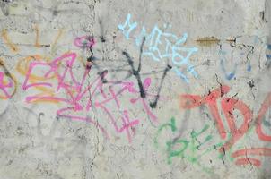 Close-up fragment of a graffiti drawing applied to the wall by aerosol paint. The wall is spoiled by a multitude of colorful signatures and tags from street artists and hooligans photo