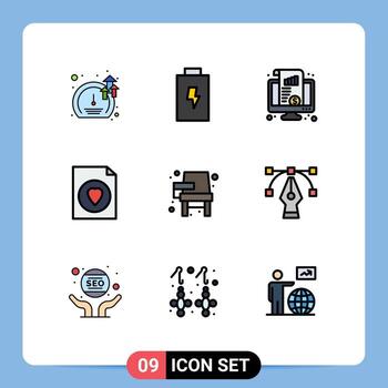 Mobile Interface Filledline Flat Color Set of 9 Pictograms of education chair kpi file document Editable Vector Design Elements