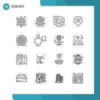 Pack of 16 Modern Outlines Signs and Symbols for Web Print Media such as development coding card navigation location Editable Vector Design Elements