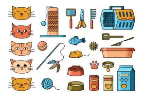 colección colorida de vector de cosas de gato. conjunto de iconos de productos para mascotas y caras emocionales de dibujos animados de gatos. alimentos, juguetes y equipos para el cuidado de animales domésticos