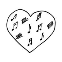 Vector doodle heart in linear stile. Isolated outline shape with musical symbols