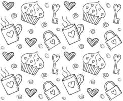 Vector Valentines day doodle pattern. Seamless pattern with love symbols. Cupcake, hot drink and lock with key