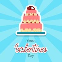 Sweet Valentines Day vector banner retro style. Big cake with cherry ang chocolate hearts on top. 14 February card design.