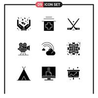 conjunto de 9 iconos de interfaz de usuario modernos signos de símbolos para elementos de diseño vectorial editables de cámara de película de hockey de película en la nube vector