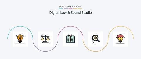 la línea de estudio de sonido y ley digital llenó el paquete de 5 íconos planos que incluye encontrar. contenido. juicio. registros. digital vector