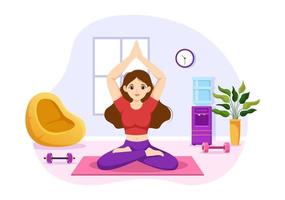 ilustración de prácticas de yoga y meditación con beneficios para la salud del cuerpo para banner web o página de inicio en plantillas planas dibujadas a mano de dibujos animados vector