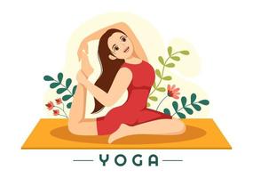 ilustración de prácticas de yoga y meditación con beneficios para la salud del cuerpo para banner web o página de inicio en plantillas planas dibujadas a mano de dibujos animados vector