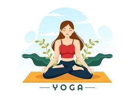 ilustración de prácticas de yoga y meditación con beneficios para la salud del cuerpo para banner web o página de inicio en plantillas planas dibujadas a mano de dibujos animados vector