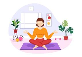 ilustración de prácticas de yoga y meditación con beneficios para la salud del cuerpo para banner web o página de inicio en plantillas planas dibujadas a mano de dibujos animados vector