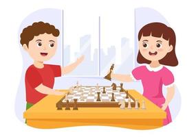 ilustración de juego de tablero de ajedrez con niños sentados frente a frente y jugando para banner web o página de destino en ilustración de plantillas dibujadas a mano de dibujos animados planos vector