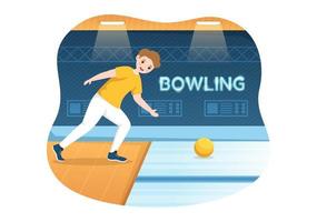 ilustración de juego de bolos con alfileres, pelotas y marcadores en un club deportivo para banner web o página de inicio en plantillas planas dibujadas a mano vector