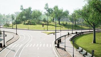 Asphalt road and green trees in park photo