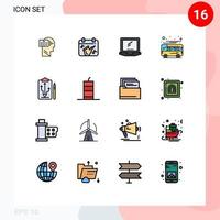 Pack of 16 Modern Flat Color Filled Lines Signs and Symbols for Web Print Media such as transport coach computer bus laptop Editable Creative Vector Design Elements