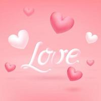 Valentines day pink romantic background with 3d balloon hearts. Realistic 3d love design. Romantic lettering. Vector illustration for website, posters, ads, coupons, promotion.