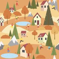 Seamless pattern vacation in the Countryside. Autumn season outdoor landscape yellow grass cozy houses, people and lakes. Children playing. Harvest and gardening. Vector illustration.