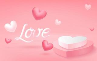 Valentines day pink background with 3d balloon hearts. Realistic 3d love design. Podium stage in heart shape. Romantic lettering. Vector illustration for website, posters, ads, coupons, promotion.