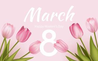 8 March greeting banner with pink realistic tulip flower bouquet background. Poster, flyer, greeting card, website header vector Illustration. Template for advertising, web, social media pastel pink.