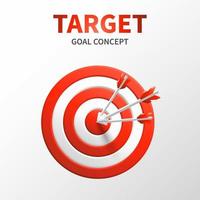 Marketing success concept. Targeting the business. Realistic 3d design red target and arrow in center. Game of darts. Vector social media banner design. Business finance, goal, target achievement.