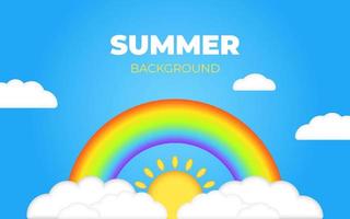 hermosas nubes 3d de verano en el cielo azul con arco iris y sol 3d realistas. ilustración vectorial de niños. estilo tridimensional. lugar para el texto. ilustración de dibujos animados de niños para volante o pancarta. vector