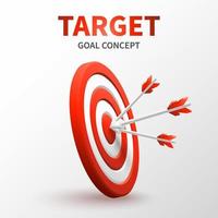 Marketing success concept. Targeting the business. Realistic 3d design red target and arrow in center. Game of darts. Vector banner design. Business finance, goal of success, target achievement.