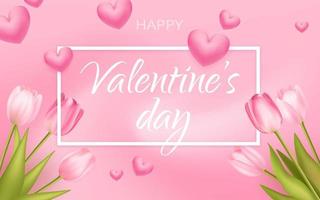 Valentines day sale pink romantic background with 3d realistic flowers,   tulips template. Realistic 3d hearts design. Vector illustration. For wallpaper, flyer, invitation, poster, brochure, banner.