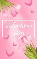 Valentines day sale pink romantic background with 3d realistic flowers,   tulips template. Realistic 3d hearts design. Vector illustration. For wallpaper, flyer, invitation, poster, brochure, banner.