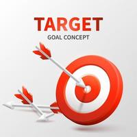 Marketing success concept. Targeting the business. Realistic 3d design red target and arrow in center. Game of darts. Vector banner design. Business finance, goal of success, target achievement.