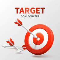 Marketing success concept. Targeting the business. Realistic 3d design red target and arrow in center. Game of darts. Vector banner design. Business finance, goal of success, target achievement.