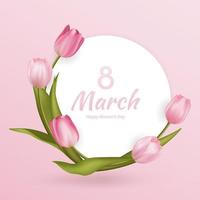 Greeting card for Women's Day 8 March. Spring flower realistic pink tulip vector illustration. Round frame. Flowers template, floral background, international women day flyer, modern banner design.